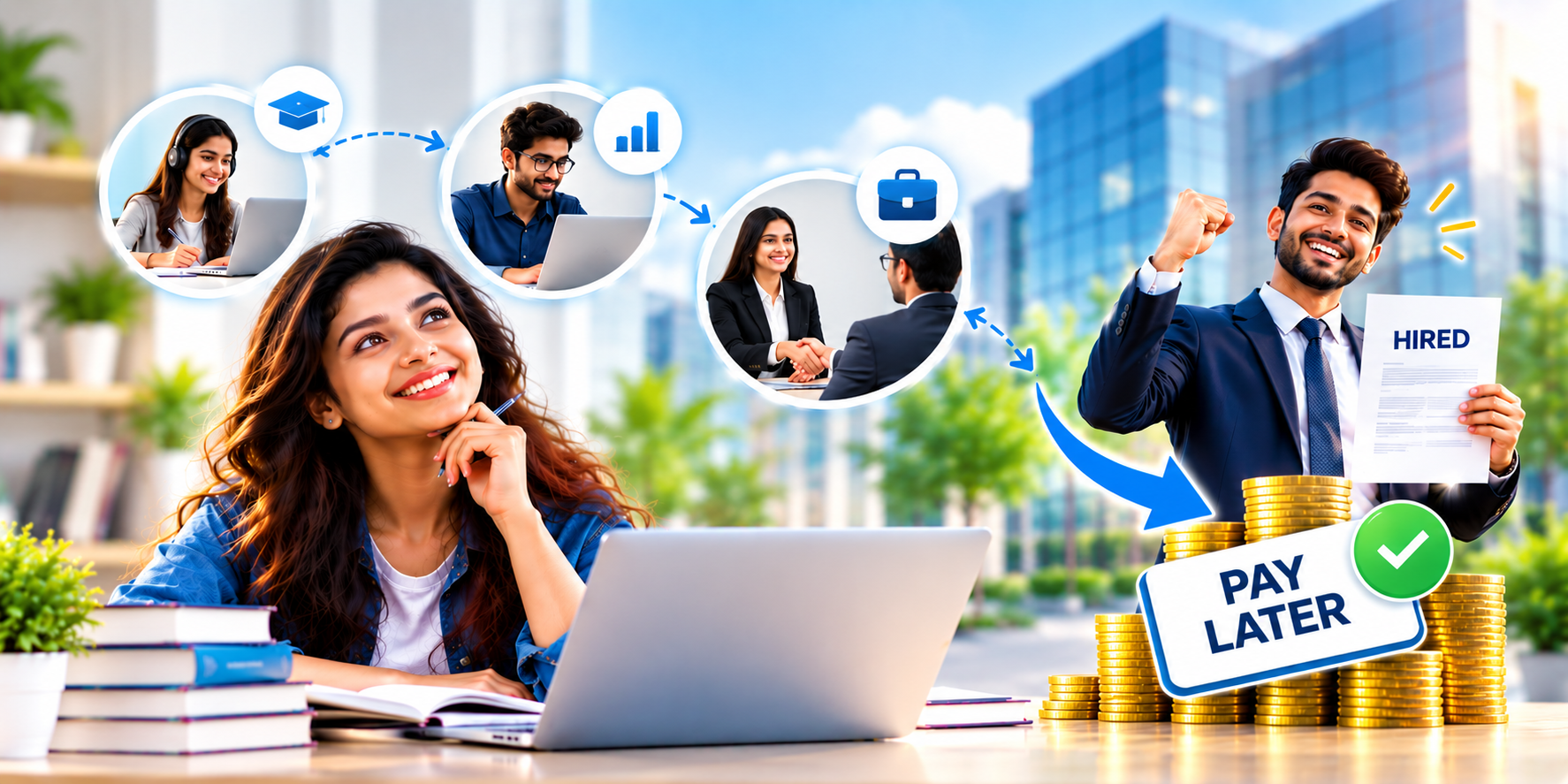 Path to placement success — learn, build skills, get hired, pay after placement