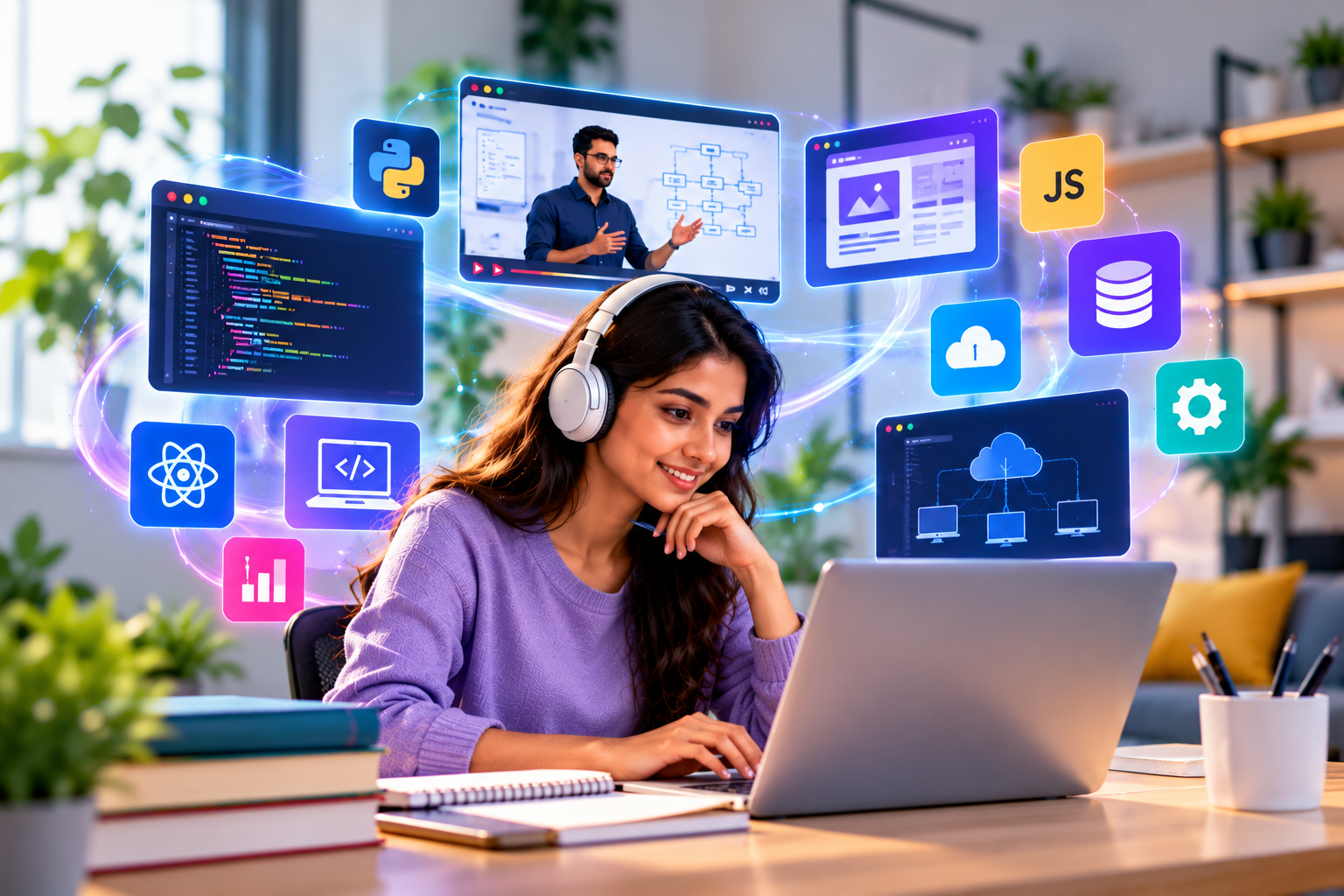 Woman learning IT online with floating tech icons in Delhi
